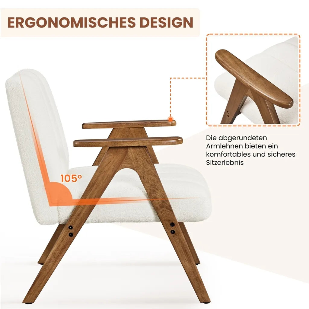 Yaheetech Fauteuil Wit – Bouclé Loungestoel met Armleuningen en Houten Poten – 60,5 x 68,5 x 73 cm
