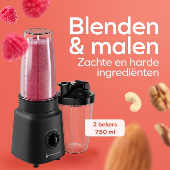 KitchenBrothers Blender - Complete Set - 2x 750ml Kan - Grinder - Stamper - To-Go Bekers - Zwart