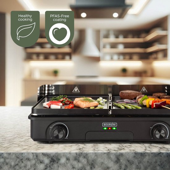 Bourgini Plancha Pure voor 8 personen – Keramische coating (PFAS-vrij) – Elektrisch – Gezond grillen - Bakplaat - Grillplaat - Keerbare bakplaat ribbel en vlak