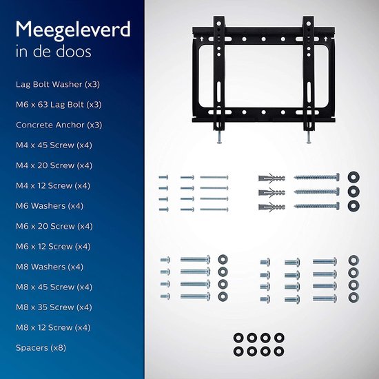 Philips TV Beugel SQM3221/00 - Vast TV Muurbeugel voor TV's tot 42 Inch en 25 KG - VESA-Maat tot 200x200 mm