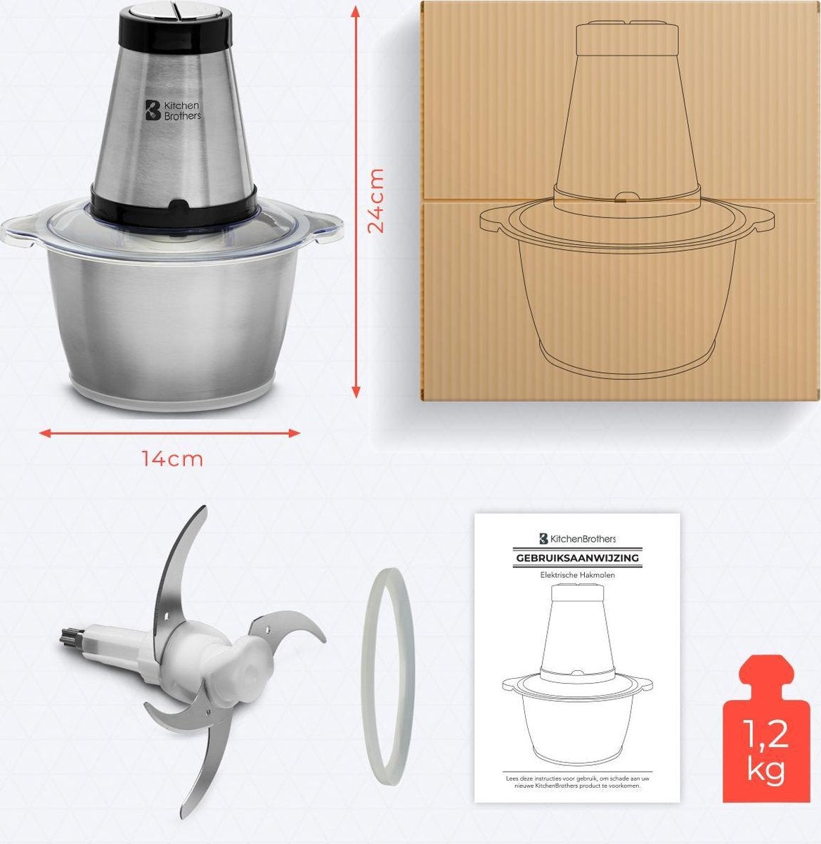 KitchenBrothers Hakmolen - Food Chopper - Elektrisch - 2 Snelheden - 300 W - 1,8 L - RVS Kom