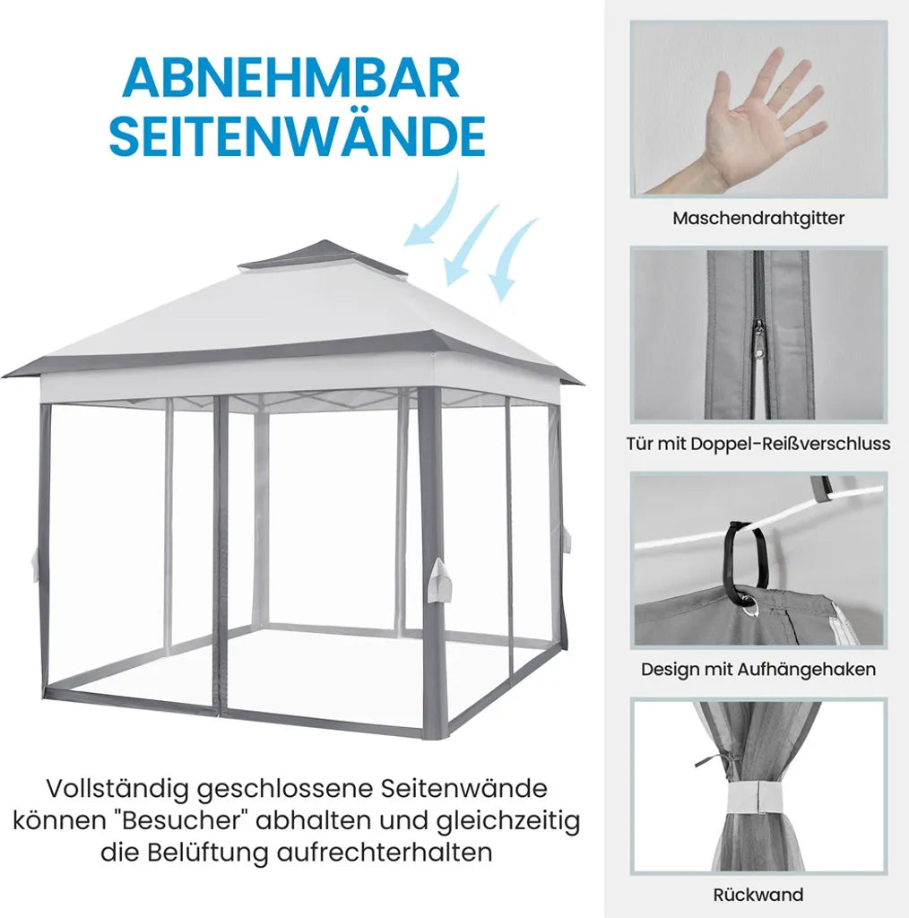 Yaheetech Pop-up Partytent 330 x 330 cm - Lichtgrijs/Donkergrijs - Opvouwbare Tuinpaviljoen met Dubbel Dak en 4 Mesh Zijwanden
