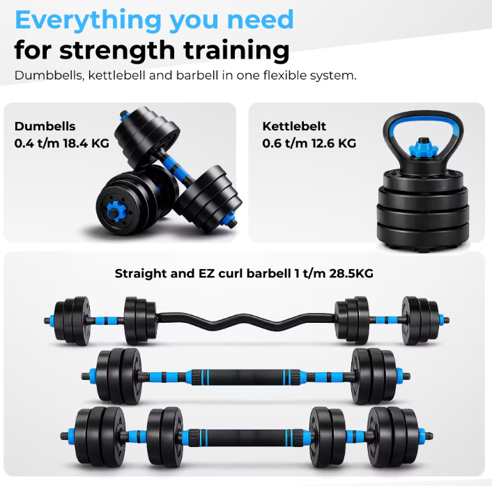 Organess Modulaire Halterset 28,5 kg - Verstelbare Dumbbell & Barbell Set met Kettlebell en Ab Roller - Zwart