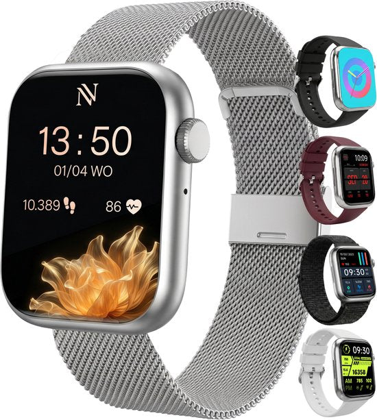 Nuvance Smartwatch Dames - Smartwatch Heren - Stappenteller Horloge Dames - Hartslagmeter - Sporthorloge - Geschikt voor iOS/Android - AMOLED - Incl. 5 Bandjes - Zilver