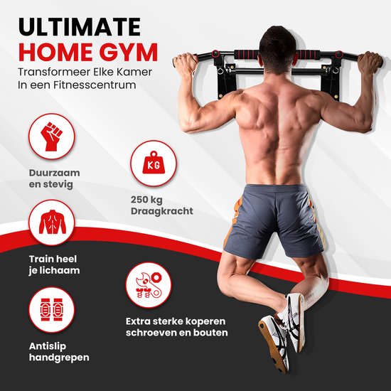 TTD® Premium Pull Up Bar – Wandmontage Dip Station – Tot 250KG – Home Workout – Zwart/Rood