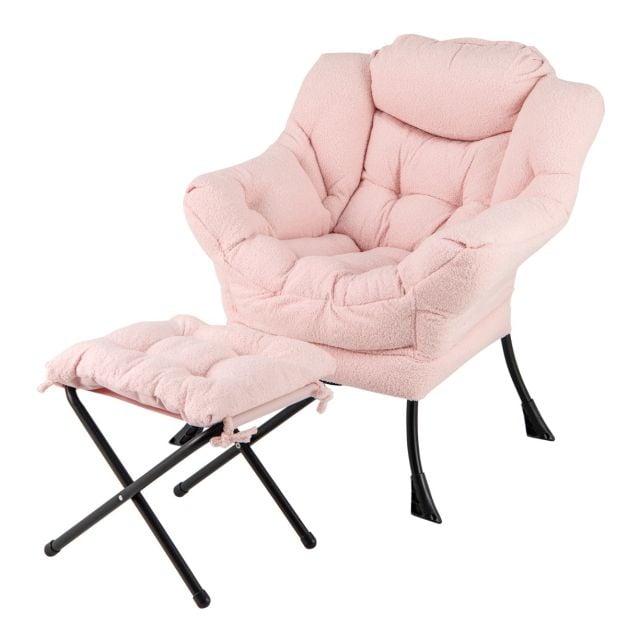 Coast Roze Loungestoel met Armleuningen, Hoofdkussen & Zijvak – Relaxfauteuil met Optionele Voetenbank – Sherpa – Roze