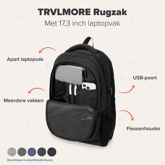 TRVLMORE Rugzak met Levenslange - Rugtas met 17 Inch Laptopvak - Schooltas - Spatwaterdicht - Heren en Dames - Jongens en Meisjes - 36L - Zwart