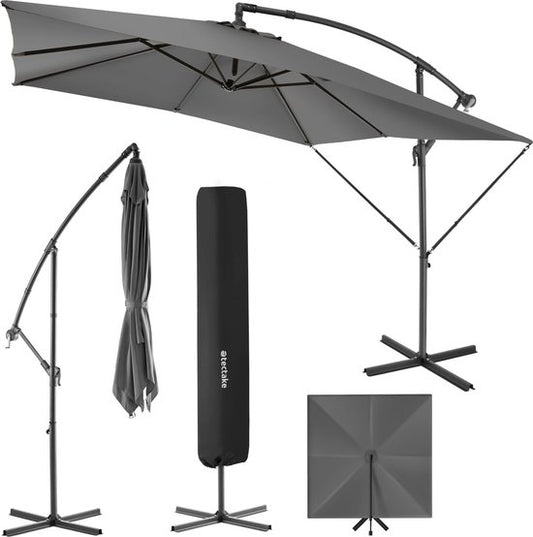 tectake® - Parasol Apollon vierkant 250 x 250 cm - Incl. windbeveiliging en beschermhoes - grijs