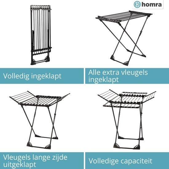 Homra Wasrek Inklapbaar - Tot 22m Was - Staand Droogrek Inklapbaar - Ruimtebesparend Wasrek - Droogrekken - Ecologisch Was Drogen - 182x97x103 CM - Metaal Zwart - Geschikt voor Grote Gezinnen