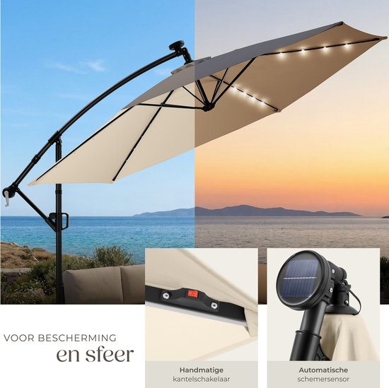 tectake® Zweefparasol met Voet - 3 x 3 m - Tuinparasol met LED-Verlichting op Zonne-Energie - Draaibaar - Waterafstotend Polyester met UV-Bescherming - Inclusief Hoes - Beige