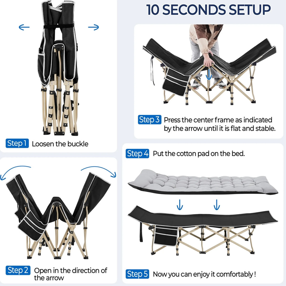 Yaheetech Campingbed Opvouwbaar – Voorzien Van Comfortabel Matras En Handige Draagtas En Zijvakken – Voor Kamperen En Logeerkamer – Zwart Metaal En 600D Oxford-Stof – 191 x 67 x 56 cm