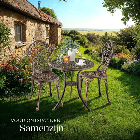 tectake® 2-Persoons Bistroset - Vintage Bistrotafel met 2 Bistrostoeltjes - Aluminium Bistro Set voor Tuin, Terras of Balkon - Weerbestendig - Bronskleurig