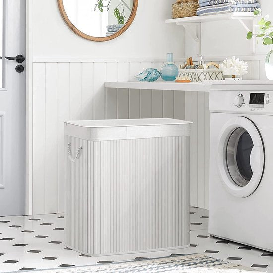 SONGMICS - Wasmand 150 liter - 3 sorteervakken - 60x40x61.5 - bamboe met stof - wit LCB091W01