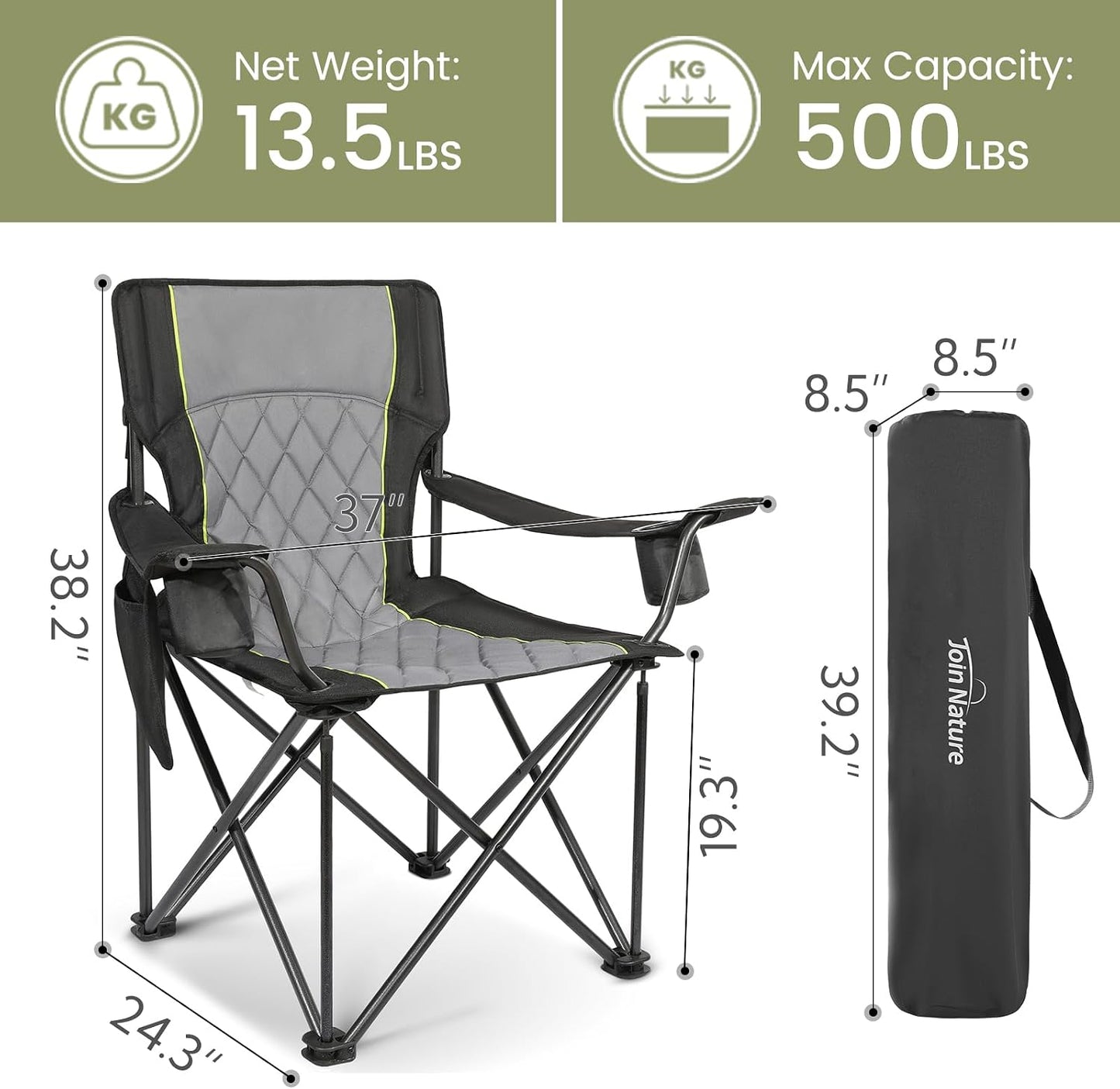 Join Nature Opvouwbare Campingstoel - Zwart - 56 x 94 x 97 cm - Belastbaar tot 227 kg