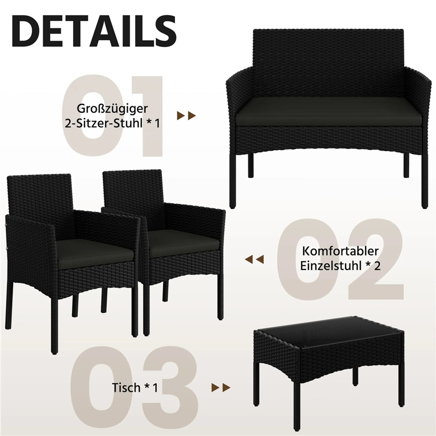 Yaheetech Tuinset Loungeset 4-Delig – 100 x 59,5 x 83,5 cm – Voorzien Van Handgeweven PE-Rattan En Glazen Tafelblad En Wasbare Kussens – Voor Tuin En Balkon – Zwart Polyethyleen En Metaal