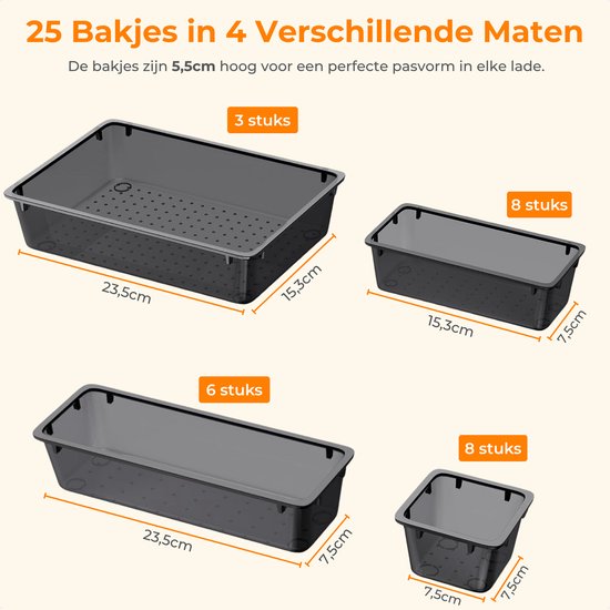 Posity Lade Organizer - 25 Stuks - Organizer Bakjes - Lade Bakjes - Opbergbakjes - Make-up Organizer - Voor Keuken, Badkamer & Bureau - Kunststof - Zwart Transparant