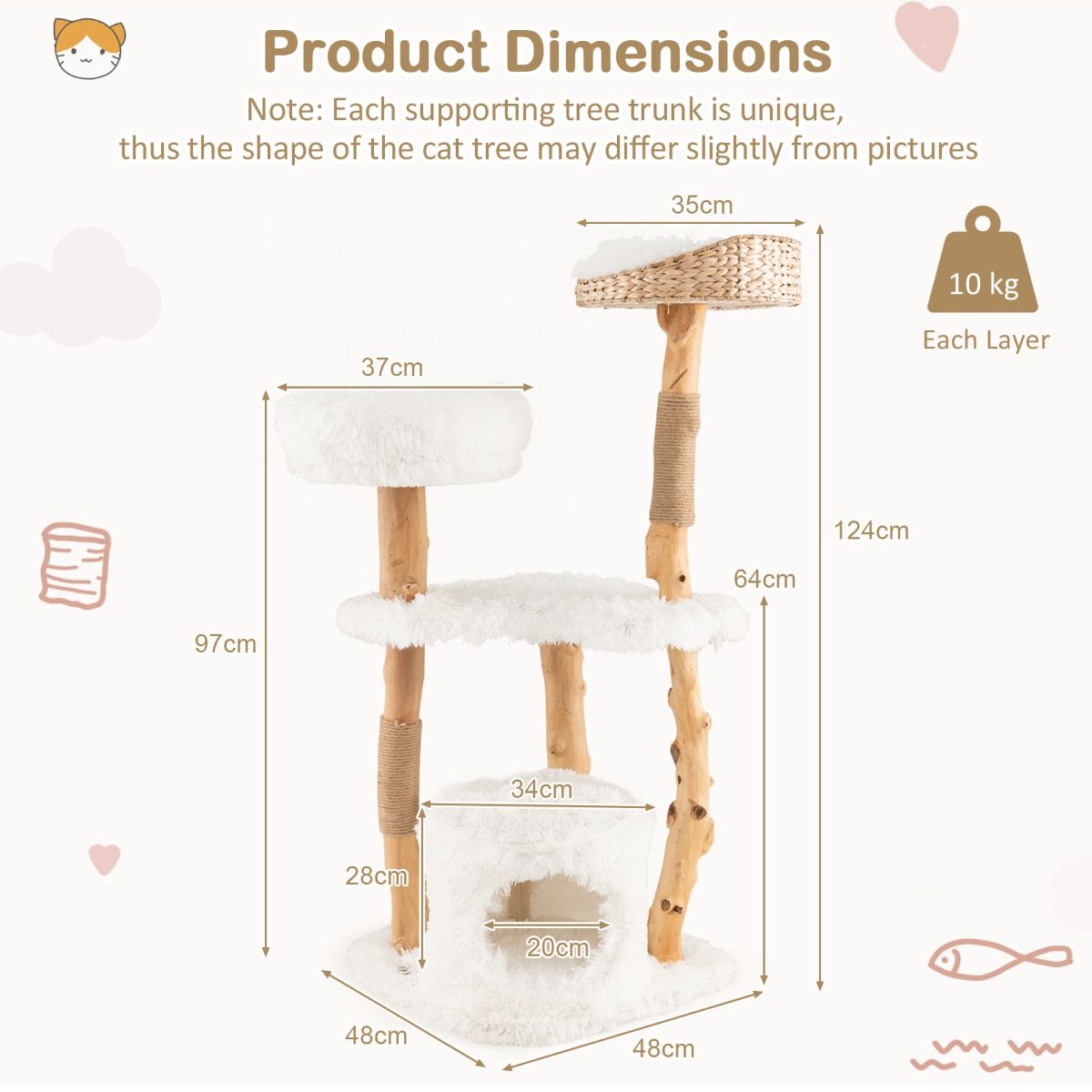 Coast Krabpaal voor Katten - Massief hout en jute - 5 verdiepingen - Naturel en wit - 124 cm