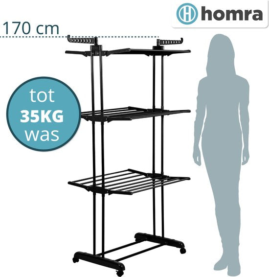 Homra Inklapbaar Wasrek - met Wieltjes - 45m Droogruimte - 77x50x170 CM - Zwart