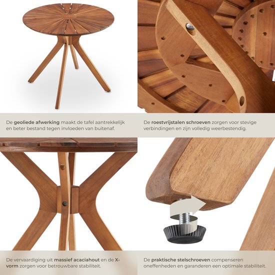 tectake® Ronde Houten Tuintafel - Ø70 x 62 cm - Acaciahout - Weerbestendig - Buitentafel - Bistrotafel - Bijzettafel - Tafeltje voor Balkon en Terras - Ook voor Binnen