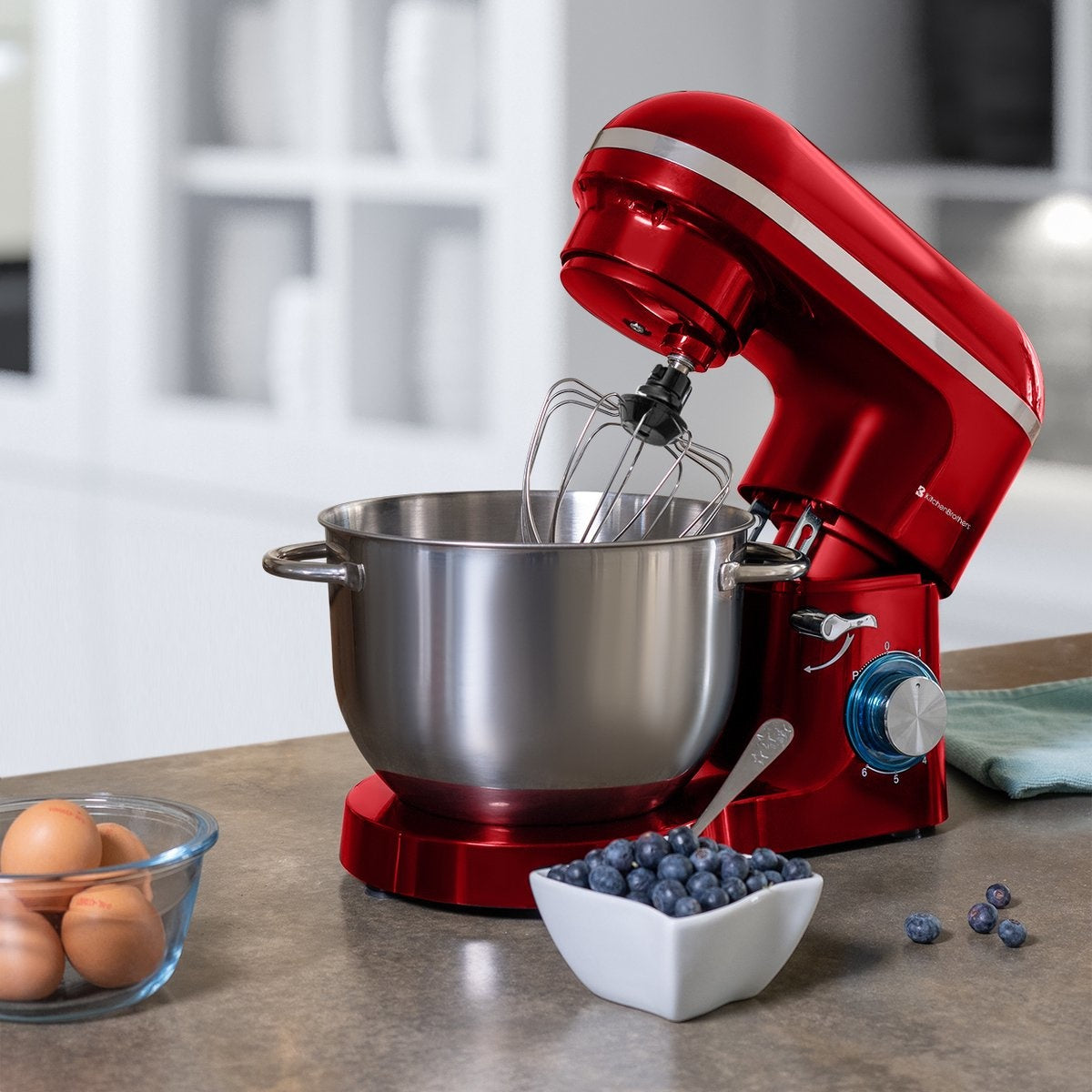 KitchenBrothers Keukenmachine - Keukenmixer - 6L Mengkom - 1400W - Rood