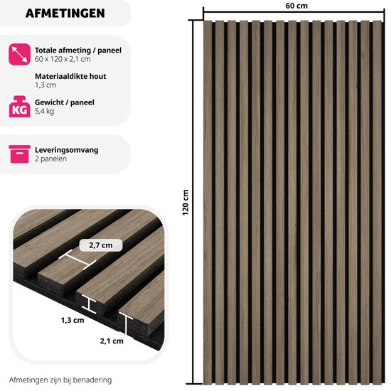tectake® Set van 2 akoestische panelen Sonic Wall - Geluidsabsorberend paneel - Geluidsdemping - Afmeting per paneel (LxBxH): ca. 120x60x2,1cm - Diverse kleuren - Donker eiken
