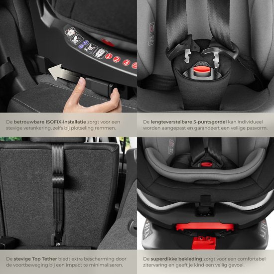tectake® Draaibare Autostoel - Kinderstoel - i-Size goedkeuring - Isofix autostoel - Zitverhoger - Kinderzitje auto - Autostoeltje - 5-punts-gordel - Vanaf geboorte tot 150cm/36kg