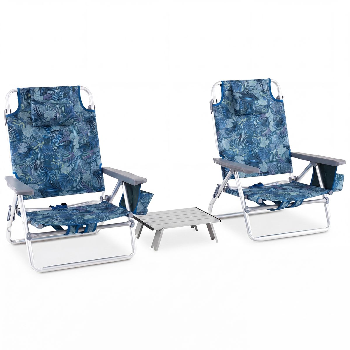 Coast Strandstoelen en Tafel Set - 5 standen verstelbaar - Opvouwbaar - Blauw - Set van 2 Strandstoelen en Tafel