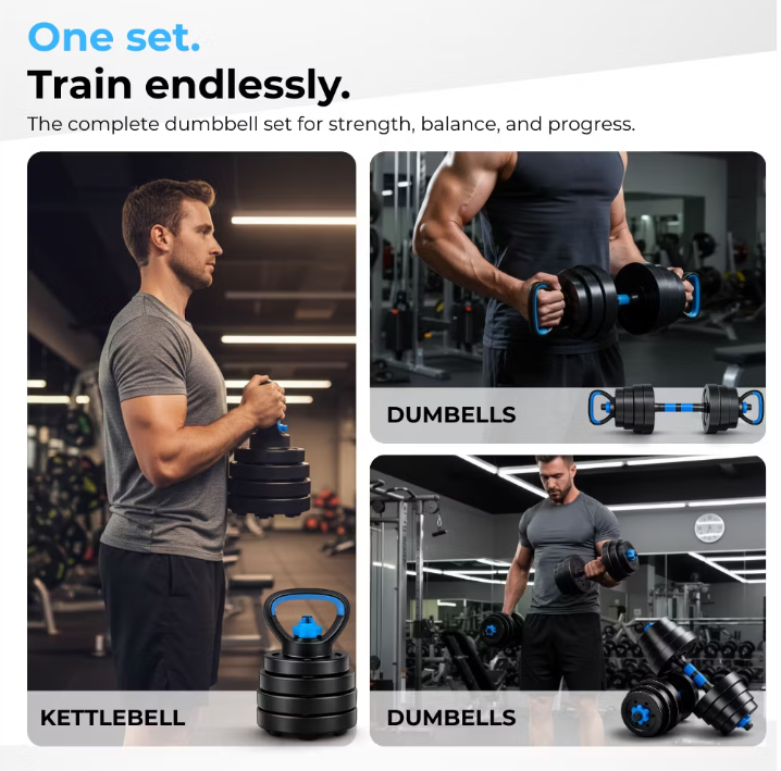 Organess Modulaire Halterset 28,5 kg - Verstelbare Dumbbell & Barbell Set met Kettlebell en Ab Roller - Zwart