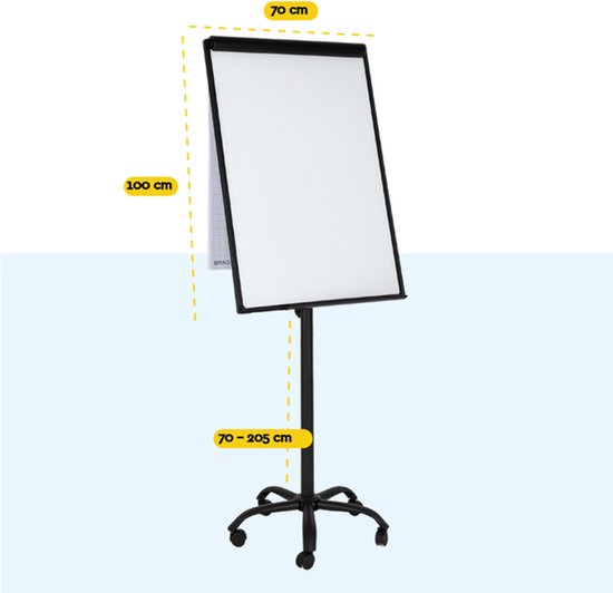 BRASQ Flipover Verrijdbaar - 70x100 cm - Verstelbaar Whiteboard - Inclusief 25 vellen papier, 4 Stiften, 8 Magneten, Wisser - Flipover met Papierklem en Haken - Magnetisch bord - Magneetbord - Zwart