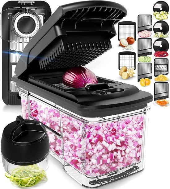 Stosh Mandoline - Groentesnijder - Uiensnijder - Spiraalsnijder - Frietsnijder - Rasp - 6-delig - Zwart - RVS - BPA vrij