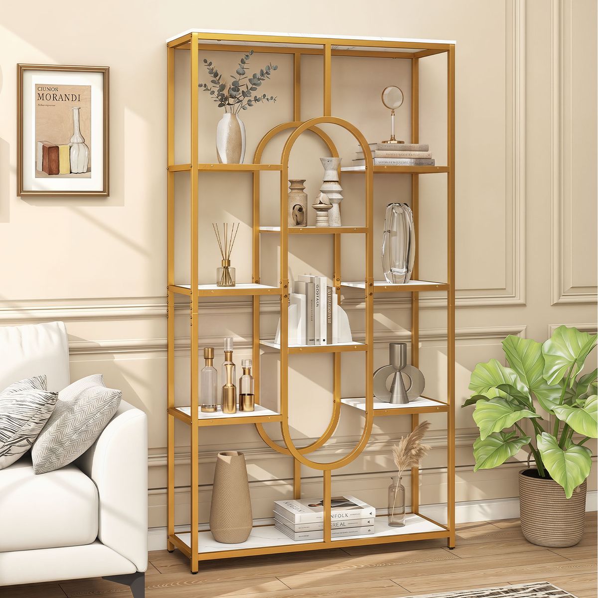 Coast Boekenkast Vrijstaand - 5-laags open rek - Geometrisch ontwerp - Wit en goud - 95 x 30 x 175 cm