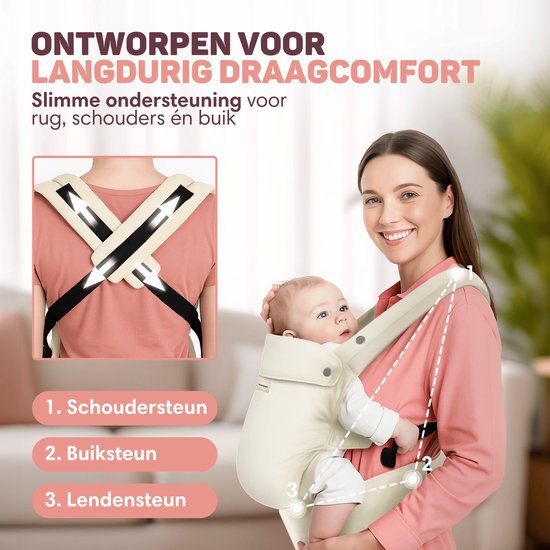 Vulpes Goods® BabyCare - Draagzak – Ergonomische Baby Draagzak 0-36 mnd – Luxe Buikdrager tot 20 kg – OEKO-TEX® Katoen – Handsfree Comfort - Met Rugsteun & M-Positie - Crème