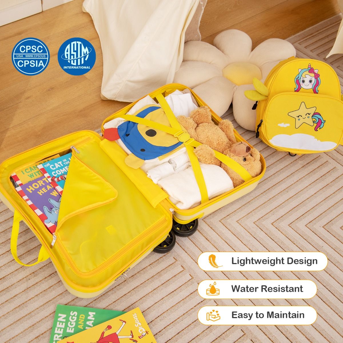 Coast Kinderkoffer en Rugzak Set - Ride-on Koffer met Wielen - Rugzak met Schattig Bijenmotief - Geel