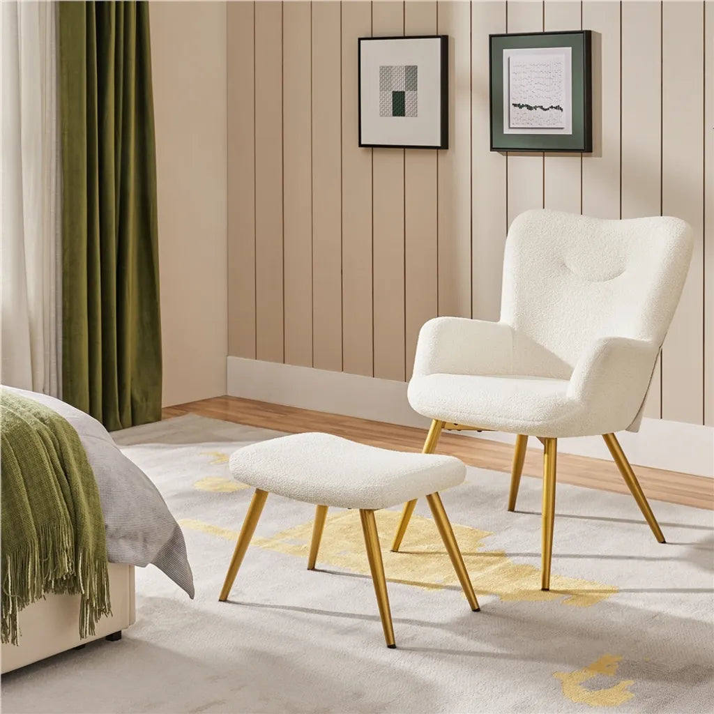 Yaheetech Oorfauteuil met Voetenbankje, Bouclé, Wit/Crème
