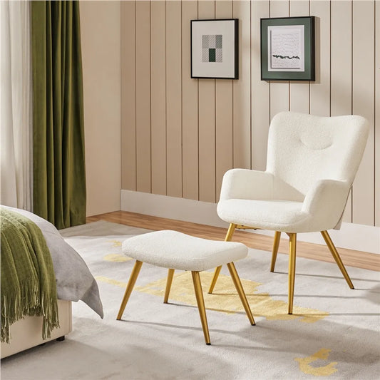 Yaheetech Oorfauteuil met Voetenbankje, Bouclé, Wit/Crème