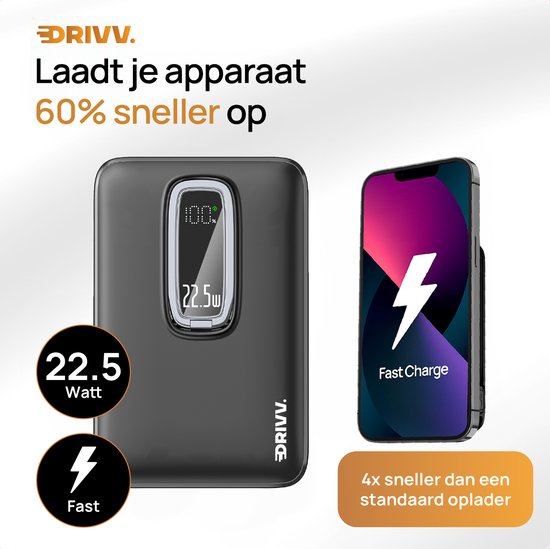 Powerbank 10.000 mAh geschikt voor MagSafe met USB C Kabel - 3 in 1 Ontwerp - 22.5W Draadloze Powerbank - Inclusief 60W Oplaadkabel - Snellaadfunctie - USB & USB C - Zwart