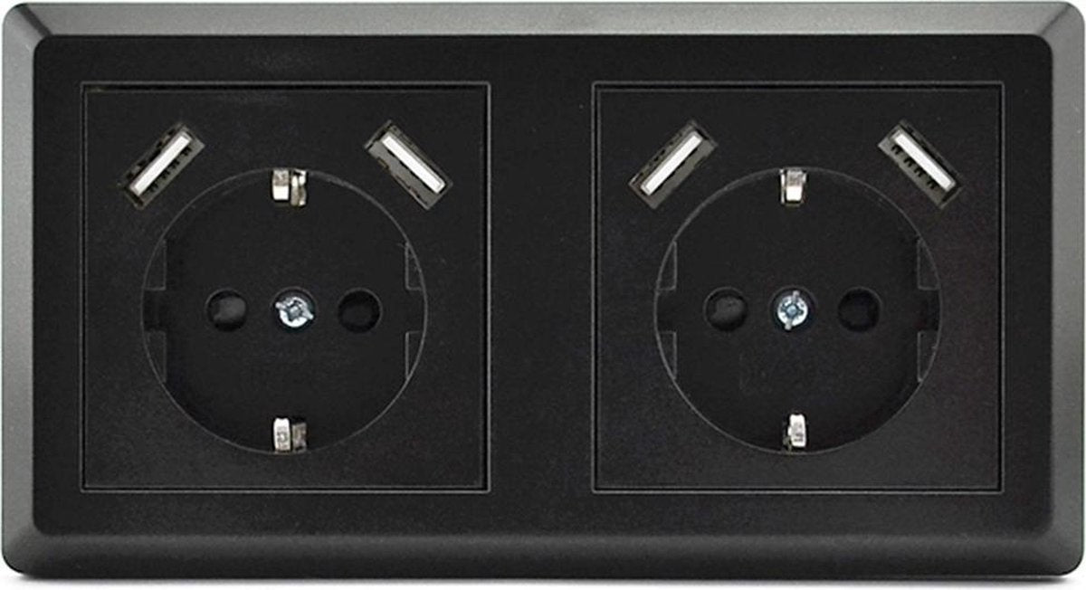 Homra Brock Dubbel USB Stopcontact Zwart - Inbouw Wandcontactdoos - Glanzend Kunststof - Zwarte Wanddoos - Contactdoos - 5.600mA - 220 volt - USB Oplader - Snel Opladen - Fast Charge - Randaarde - 80x80mm