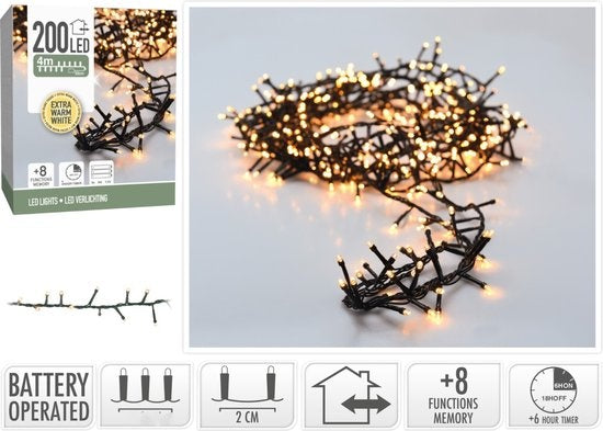 Micro Cluster 200 led - 4m - extra warm wit - Batterij - Lichtfuncties - Geheugen - Timer