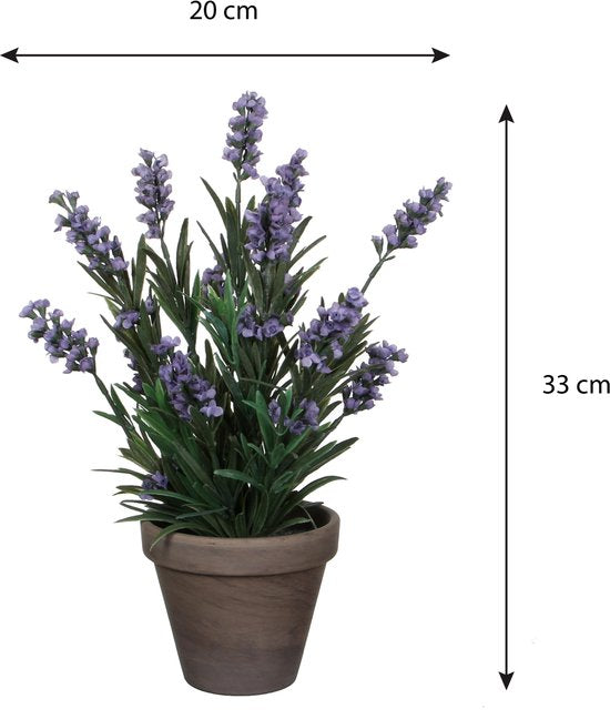 Mica Decorations Kunstplant Lavendula/lavendel - groen/paars - D22 x H33 cm - grijze pot - kamerplant - kunstbloemen