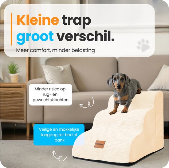 Pawesome - Hondentrapje voor honden - Hondentrap - Honden opstapje - 3 treden - 40 x 60 x 40 - extra stevig en comfortabel - 30D materiaal - Beige