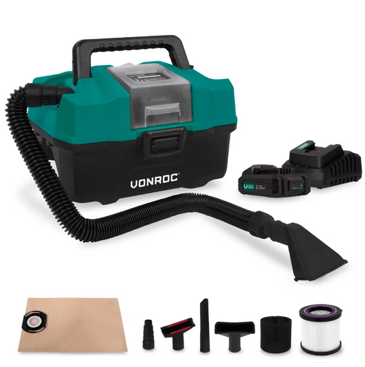VONROC - Compacte alleszuiger 20V – 2.0Ah - Incl. Accessoires, 2 accu’s en snellader - Groen/Zwart