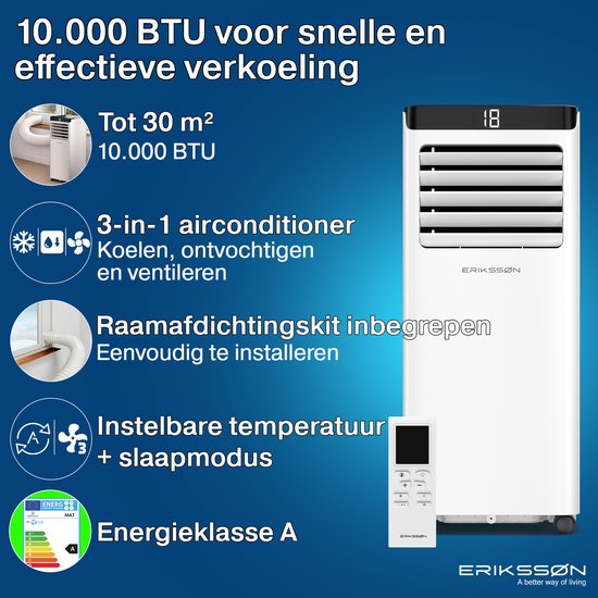 Erikssøn Mobiele Airco - 10.000 BTU - Incl. Raamafdichtingskit - Tot 30m² - 4-in-1 - Airconditioning - Ventilator - Ontvochtiger - Wit