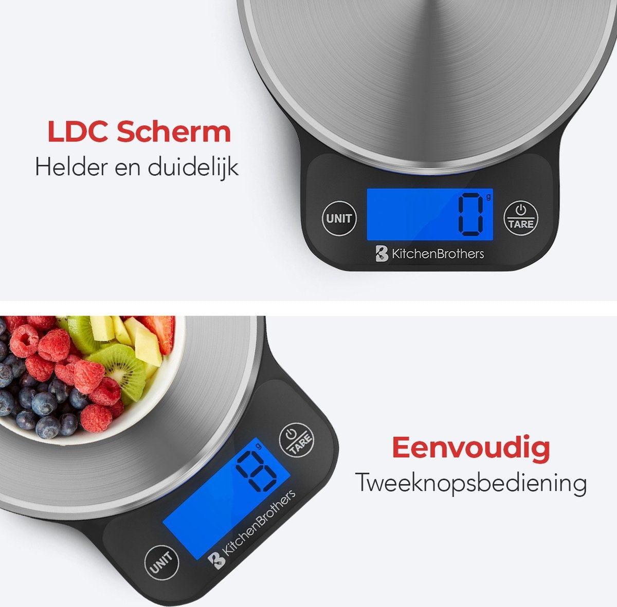KitchenBrothers Keukenweegschaal - Weegschaal Keuken Digitaal - 1 g tot 6 kg - Tarra Functie - Inclusief Batterijen - RVS/Zwart