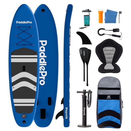 LifeGoods - PaddlePro SUP Board - met Zitje - Opblaasbaar Paddle Board - Complete Set - Max. 135KG - 320 x 81 cm - Blauw
