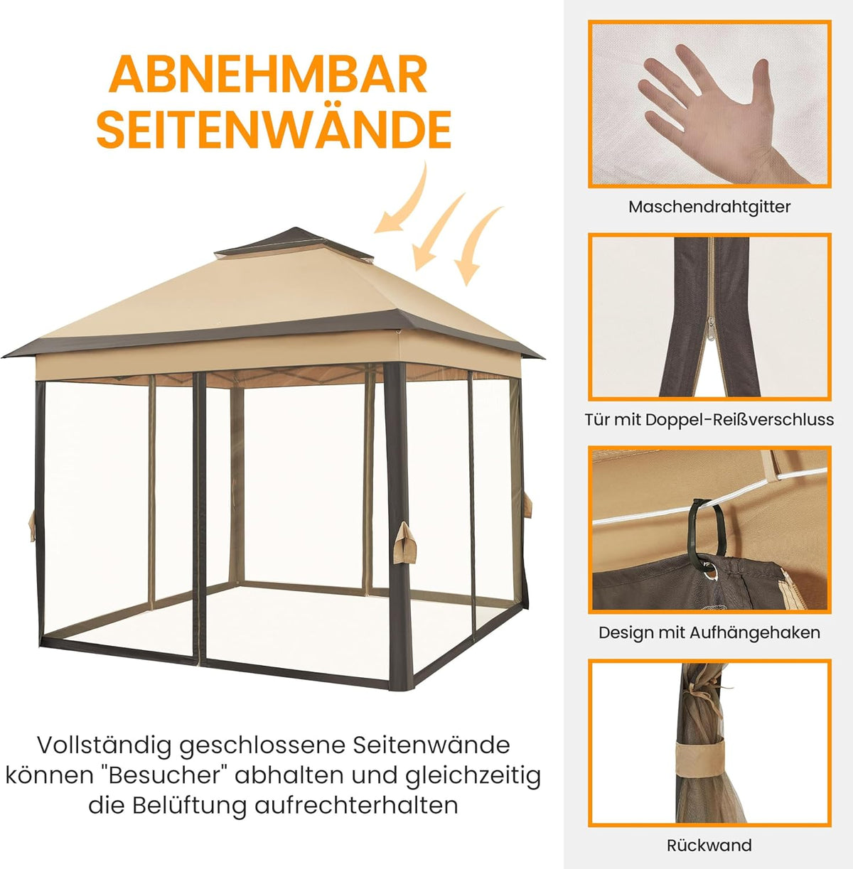 Yaheetech Pop-up Paviljoen 3,3 × 3,3 m met 4 Mesh Zijwanden en Draagtas Khaki/Bruin