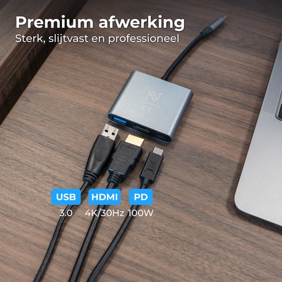 Nuvance USB C naar HDMI Adapter - USB C HDMI - USB Hub - UBS C naar USB A - 4K HDMI Splitter - PD100W Laptop Opladen