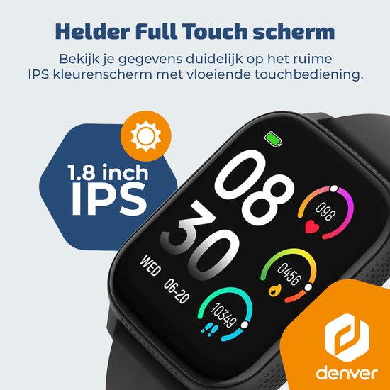 Denver Smartwatch - Android iOS - Notificaties - Sporthorloge - Hartslagmeter - Saturatiemeter - Slaapmonitor - SWC184B - Zwart