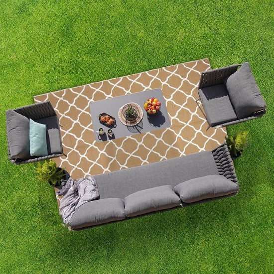 LifeGoods Buitenkleed - 152x230CM - Vloerkleed - Tuintapijt - Buitentapijt - Omkeerbaar - Incl. Draagtas - Met Patroon - Beige/Wit