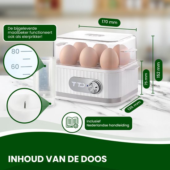 TTD® Smart Eierkoker Elektrisch met Timer - Geschikt voor 1 tot 6 Eieren - Hardgekookt, Zachtgekookt of Halfzacht - Eierwekker - Eierkoker Electrisch - Inclusief Eierprikker en Maatbeker