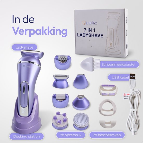 7 in 1 Ladyshave - Epileerapparaat Dames - IPX 7 Waterdicht - Oplaadbaar - Bikinitrimmer - Scheerapparaat Vrouw Intiem - Ladyshaves voor Vrouwen - Epilator - Trimmer Vrouw - Qualiz®